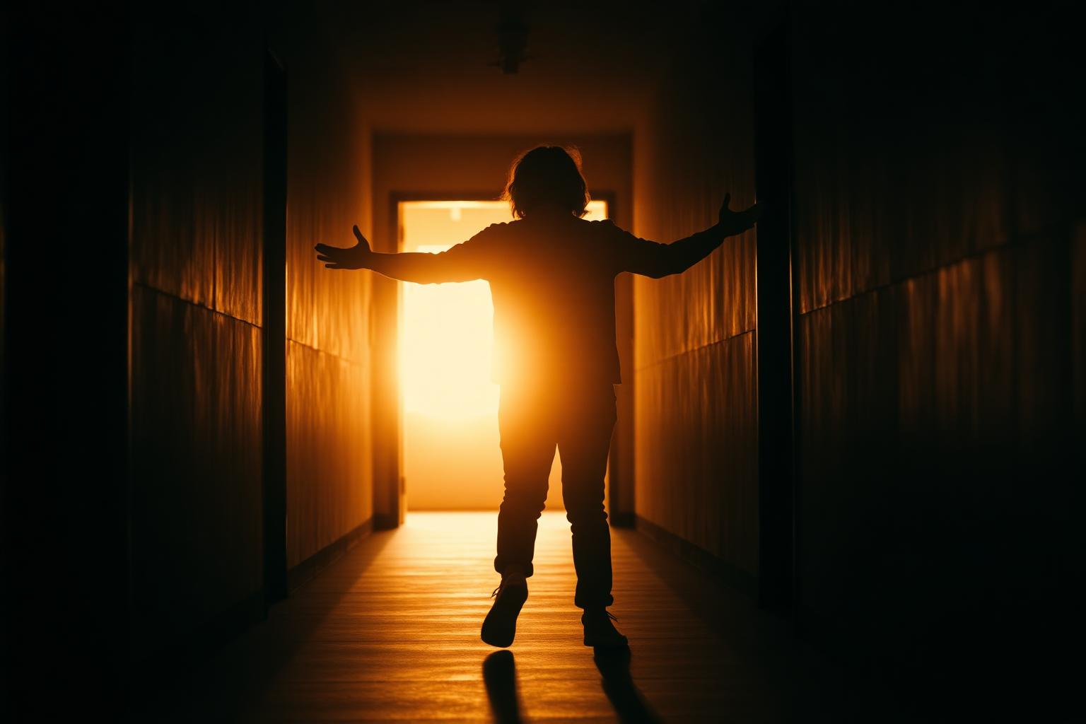 A person walking from darkness toward warm light